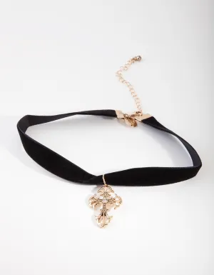 Suedette Antique Gold Cross Choker