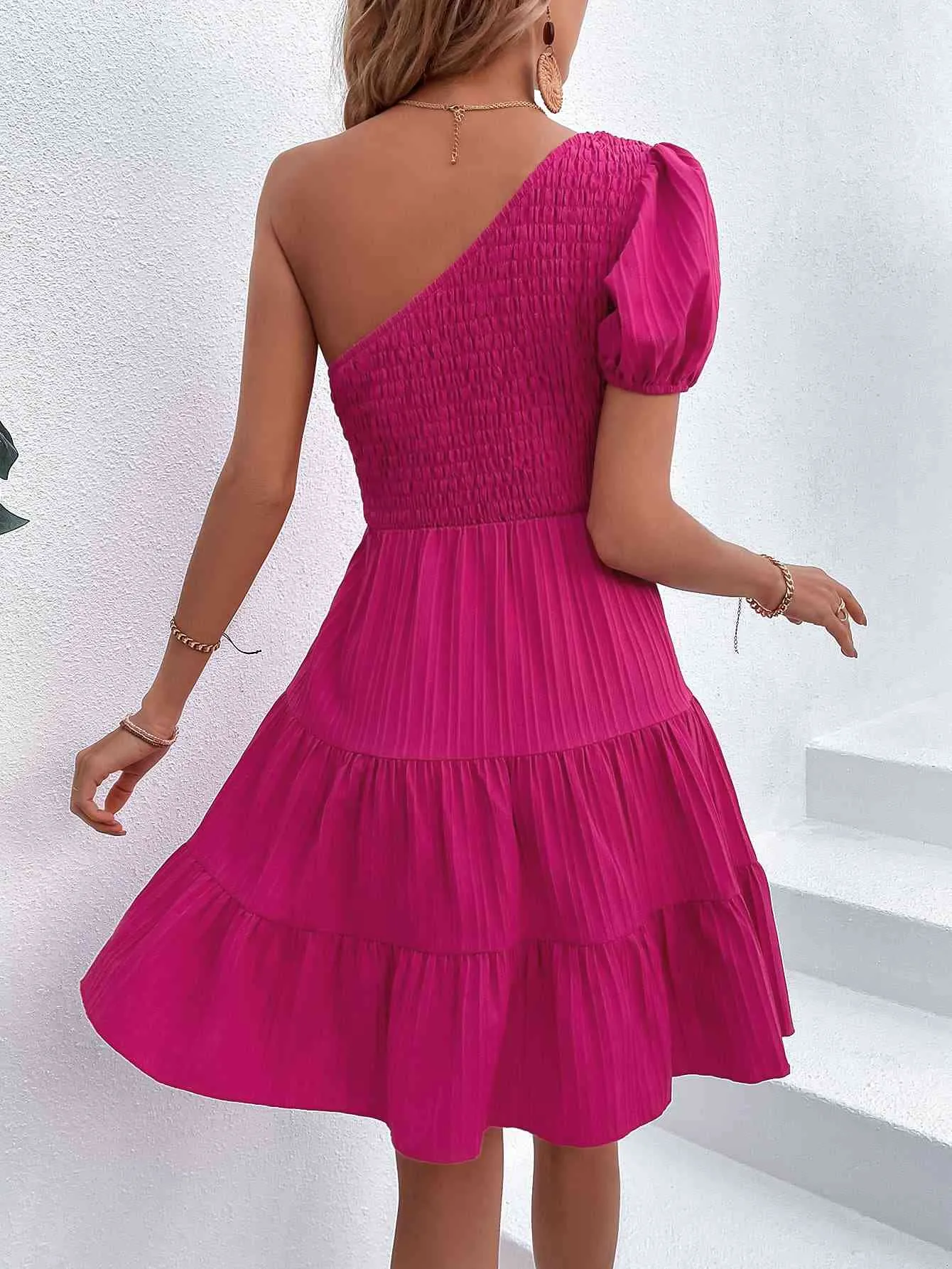 TEEK - Deep Rose One-Shoulder Smocked Tiered Dress