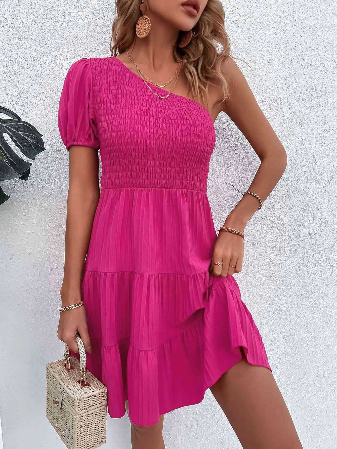 TEEK - Deep Rose One-Shoulder Smocked Tiered Dress