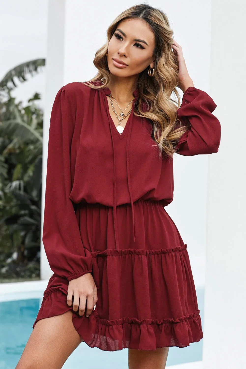 Tied Frill Trim Puff Sleeve Mini Dress