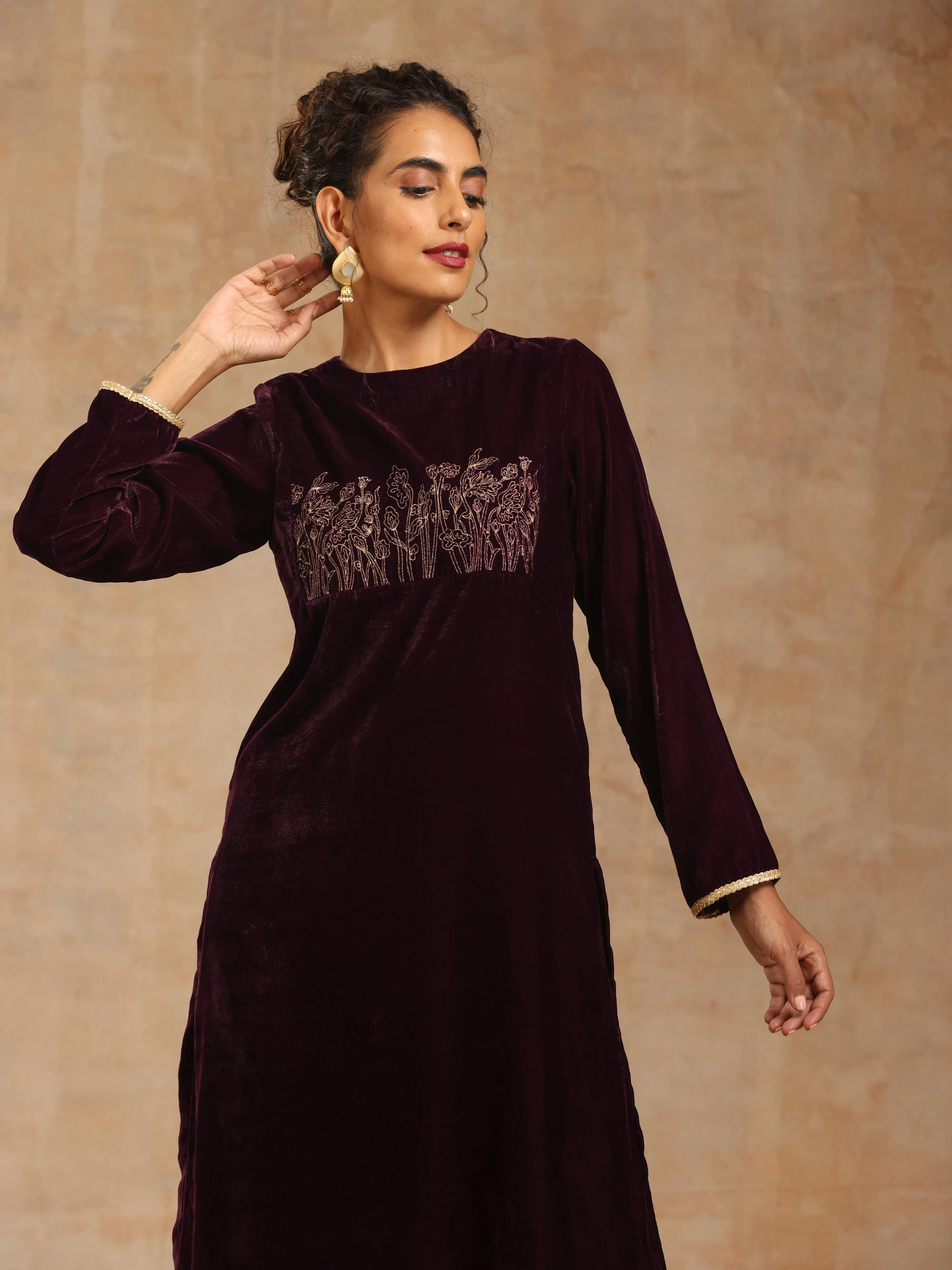 trueBrowns Wine Velvet Yoke Embroidered Kurta