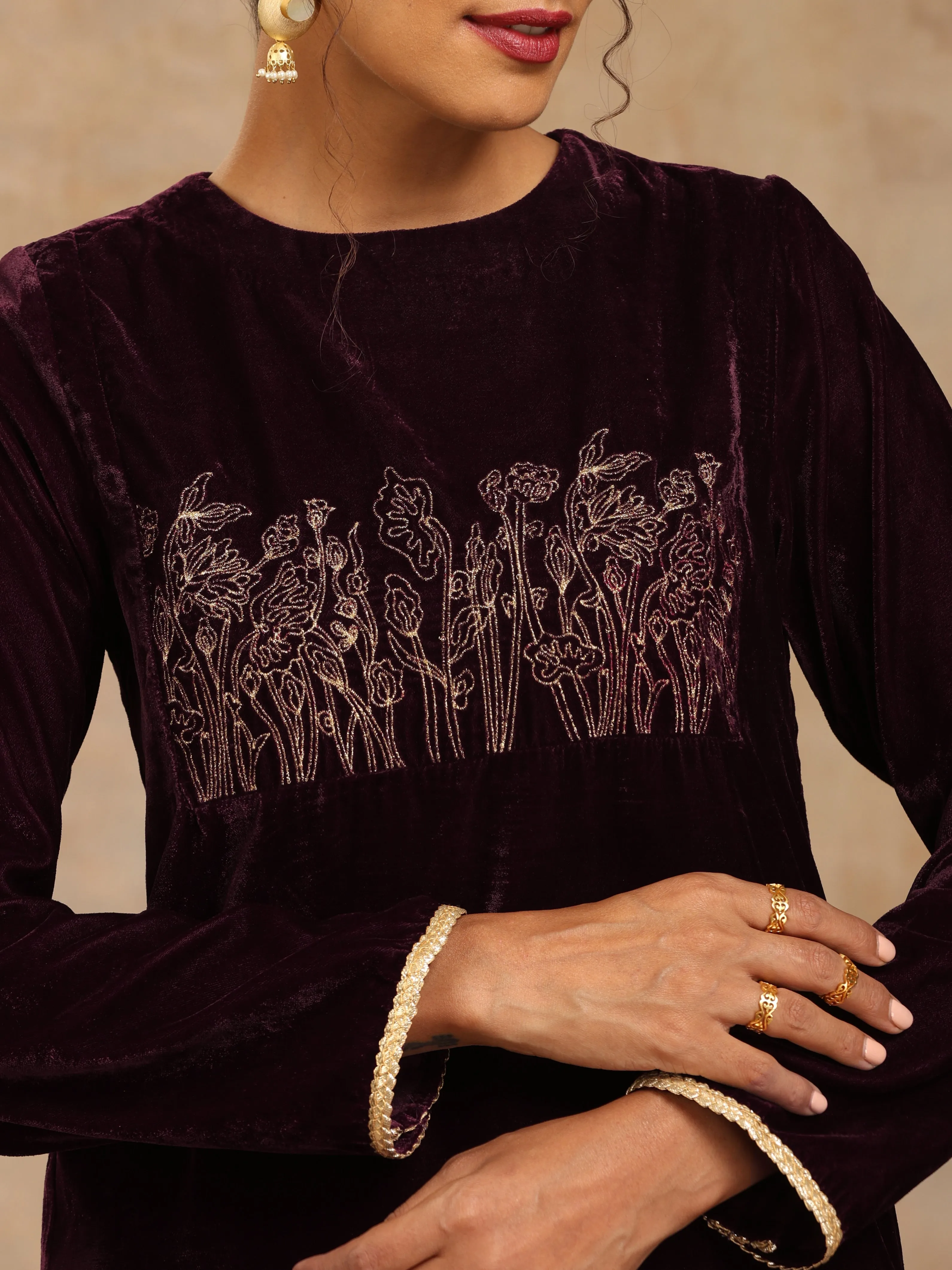 trueBrowns Wine Velvet Yoke Embroidered Kurta