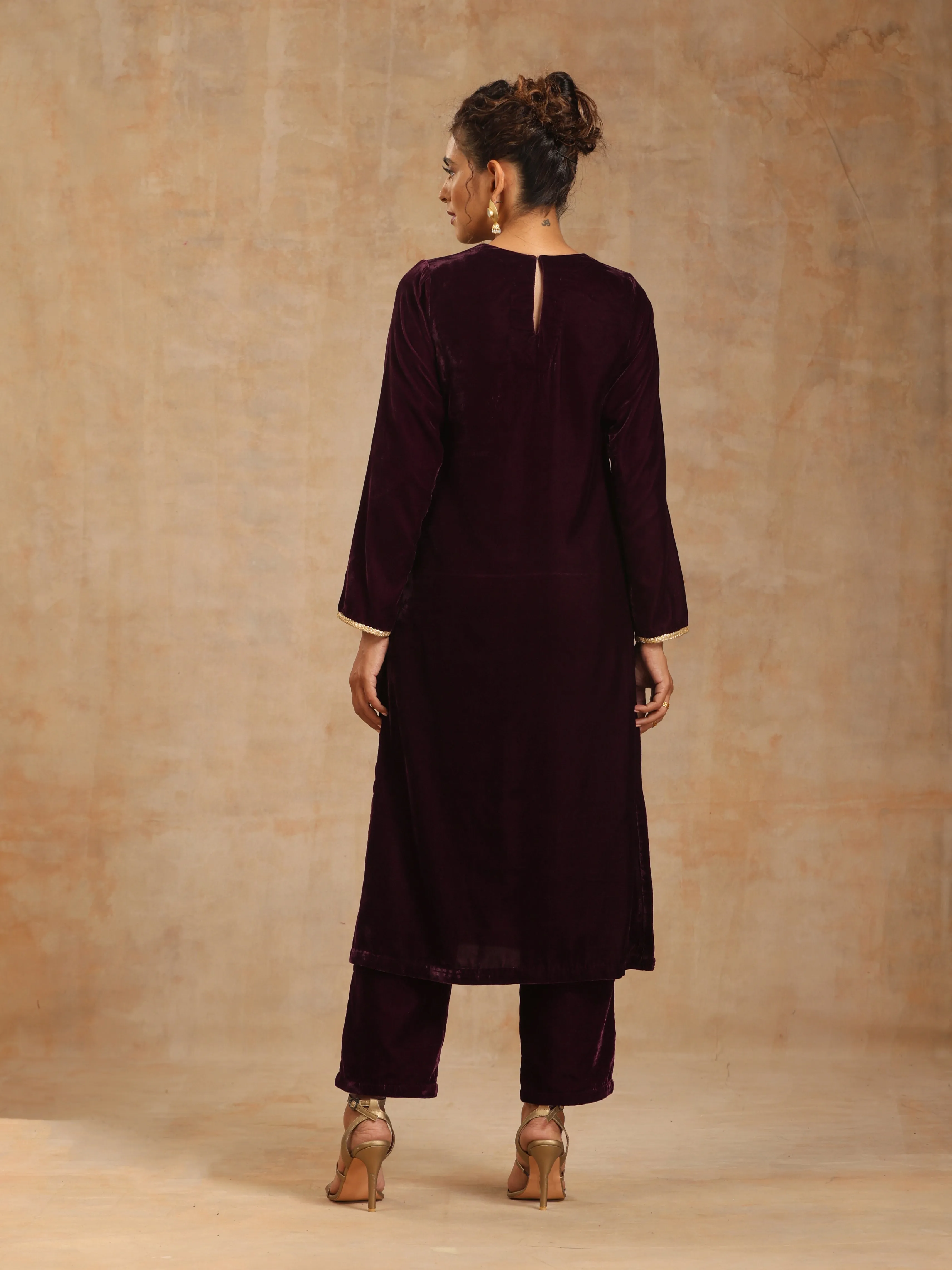 trueBrowns Wine Velvet Yoke Embroidered Kurta