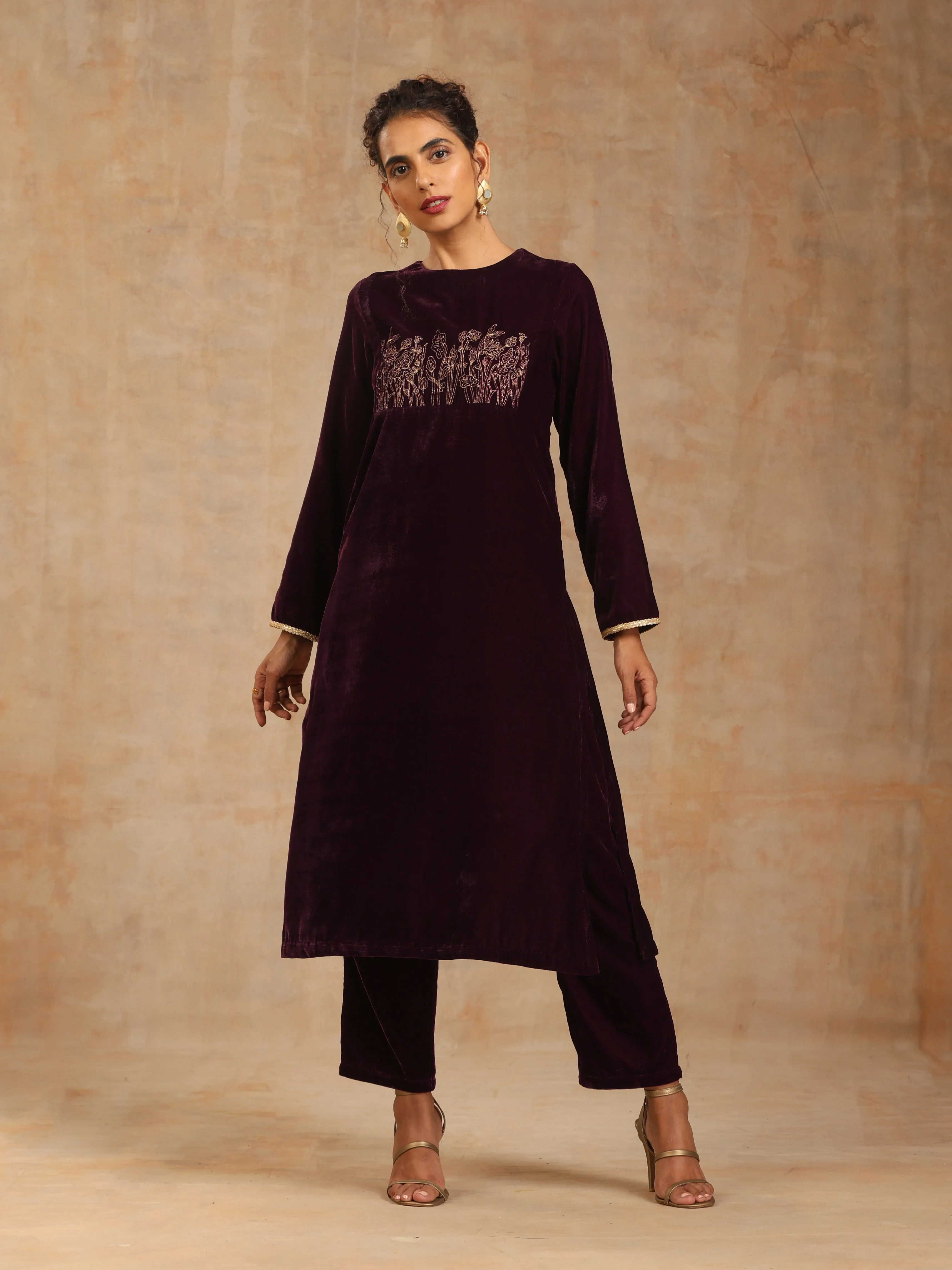 trueBrowns Wine Velvet Yoke Embroidered Kurta