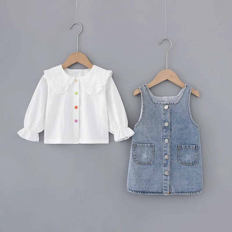 Two-piece Baby Girl Big Lapel Shirt Denim Strap Skirt