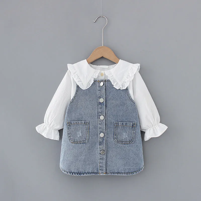 Two-piece Baby Girl Big Lapel Shirt Denim Strap Skirt