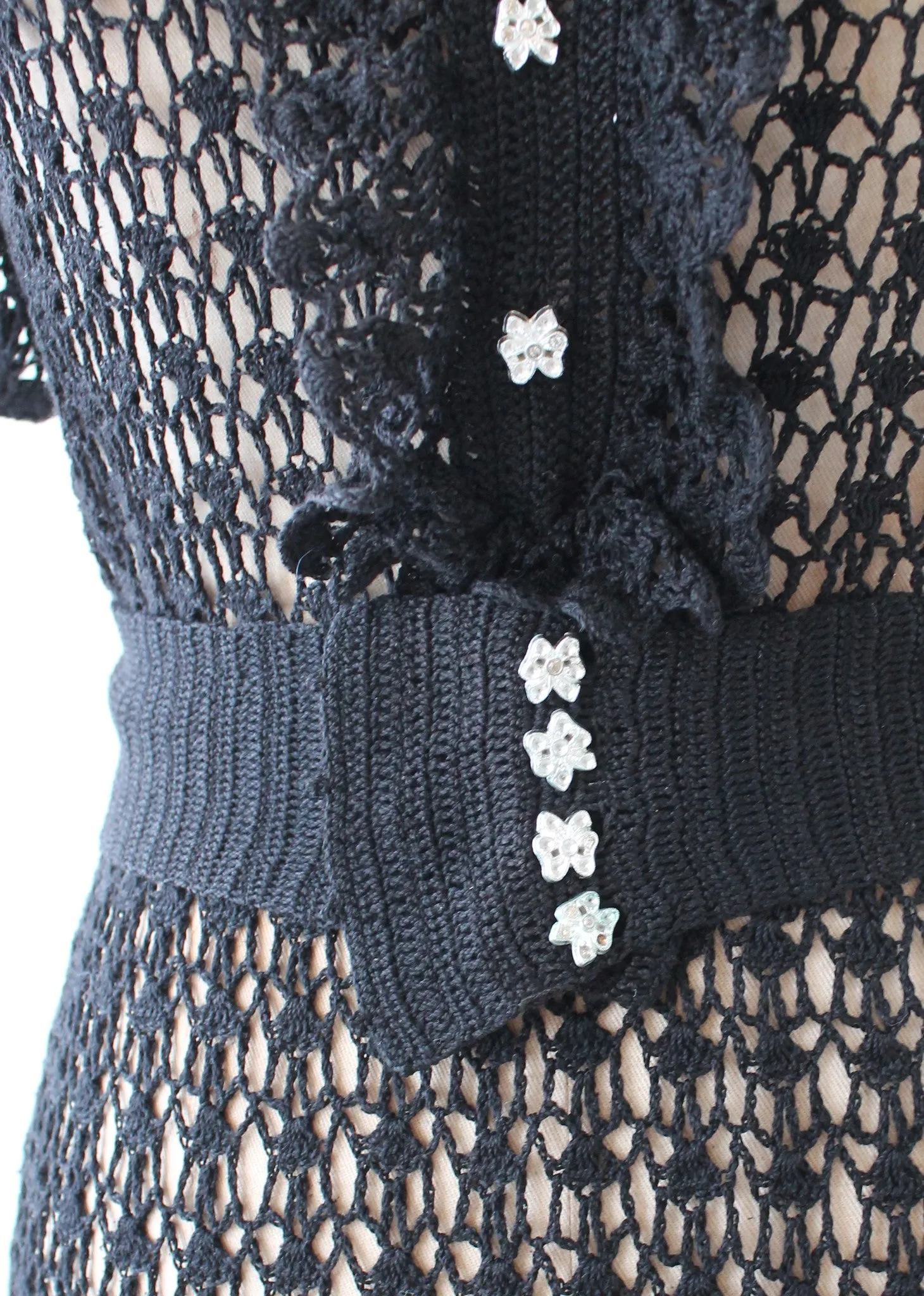 Vintage 1930s Black Knit Ruffle Front Dress