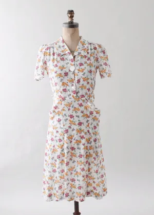 Vintage 1930s Floral Cotton Shirtwaist Day Dress