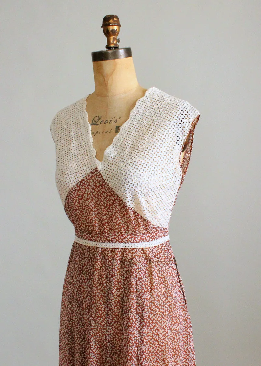 Vintage 1930s Heart Print Cotton and Lace Day Dress