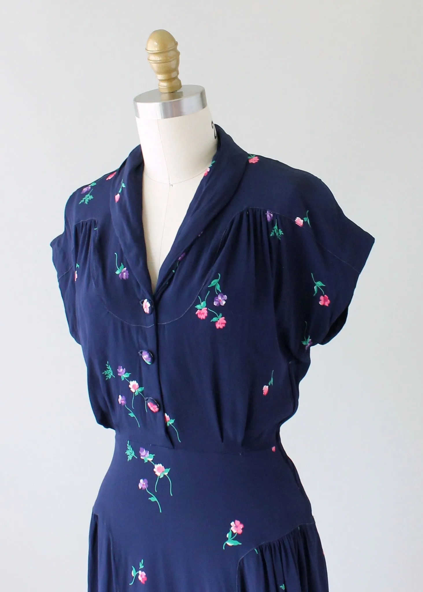 Vintage 1940s Navy Rayon Day Dress with Petite Flowers