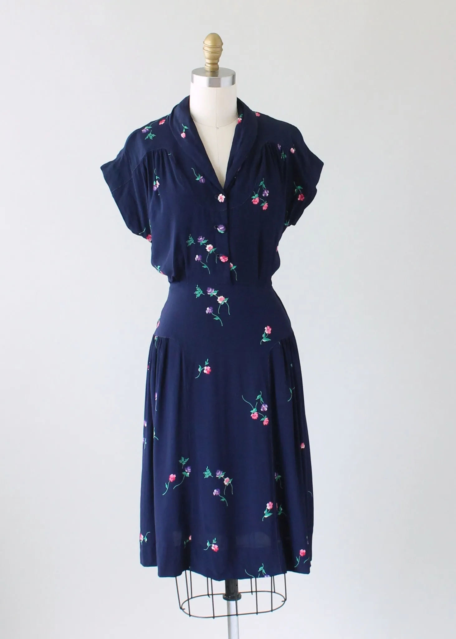 Vintage 1940s Navy Rayon Day Dress with Petite Flowers