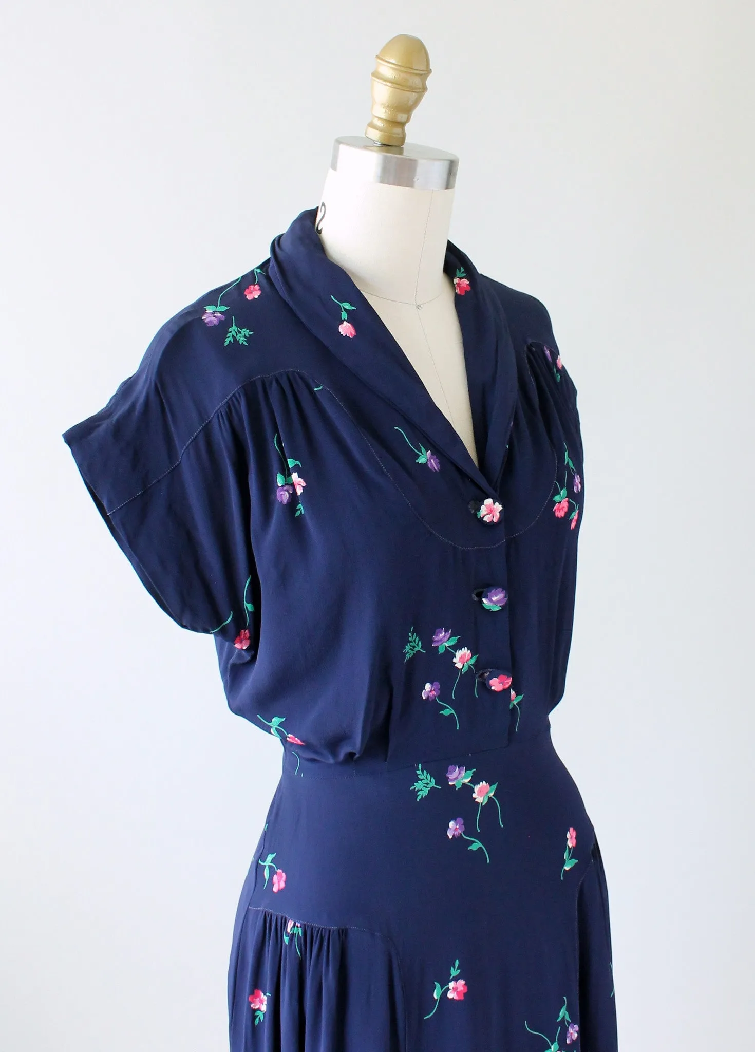 Vintage 1940s Navy Rayon Day Dress with Petite Flowers