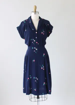 Vintage 1940s Navy Rayon Day Dress with Petite Flowers