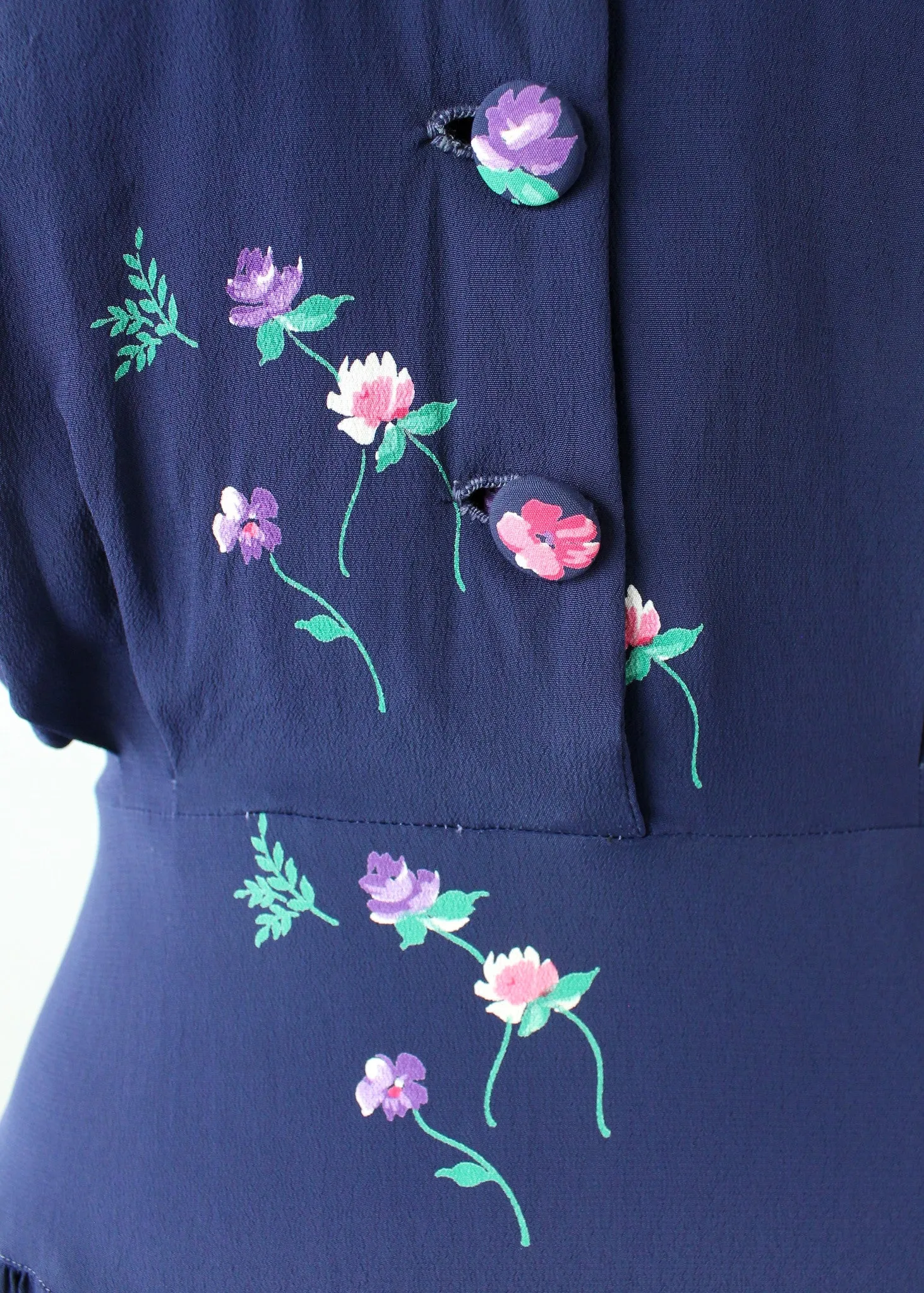 Vintage 1940s Navy Rayon Day Dress with Petite Flowers