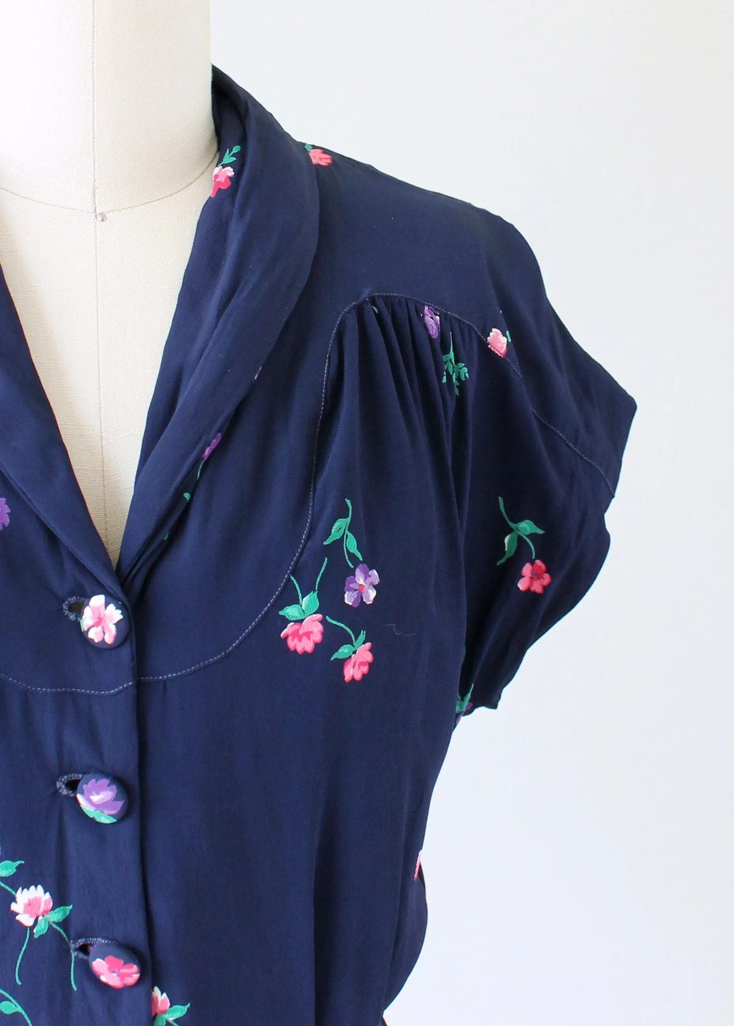 Vintage 1940s Navy Rayon Day Dress with Petite Flowers