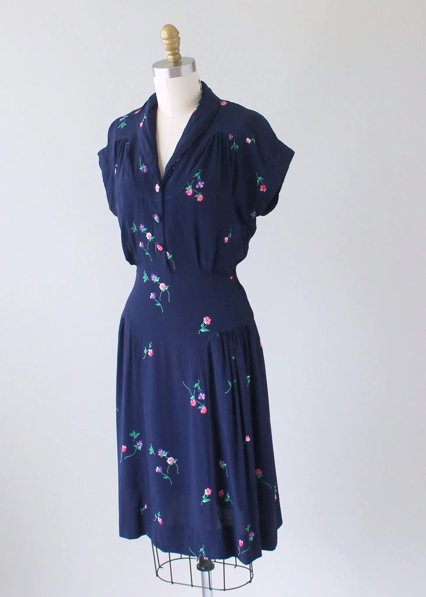 Vintage 1940s Navy Rayon Day Dress with Petite Flowers