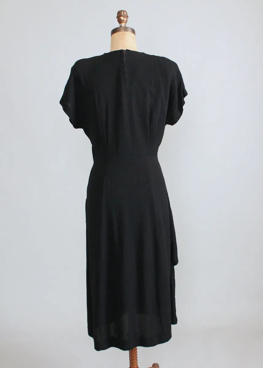 Vintage 1940s Nu-Form Black Crepe Beaded Peplum Dress