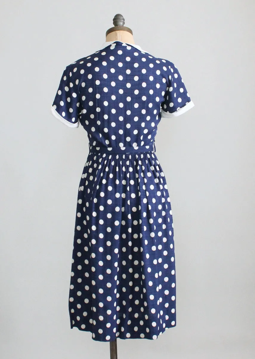 Vintage 1950s Navy and White Polka Dot Day Dress