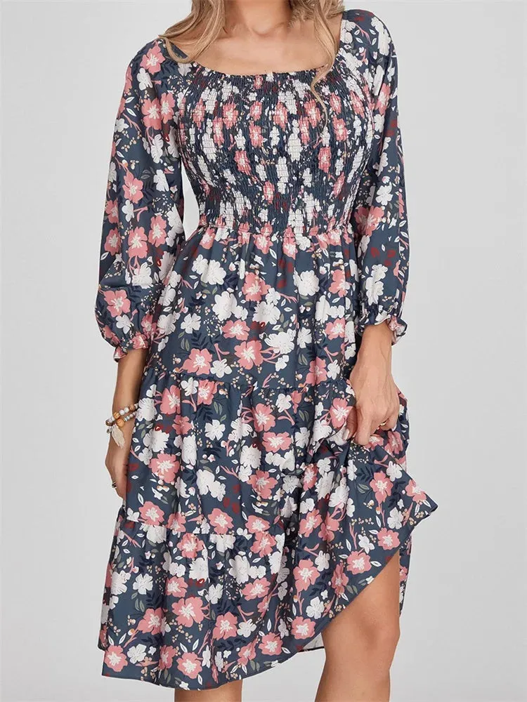 Vintage Bohemian Floral Print Long Sleeve High Waist A-Line Midi Dress