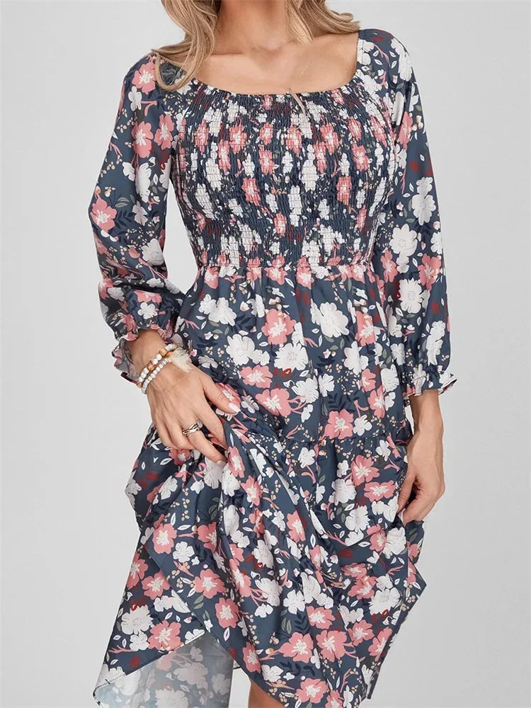 Vintage Bohemian Floral Print Long Sleeve High Waist A-Line Midi Dress