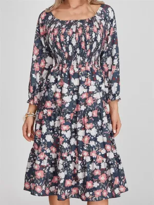 Vintage Bohemian Floral Print Long Sleeve High Waist A-Line Midi Dress