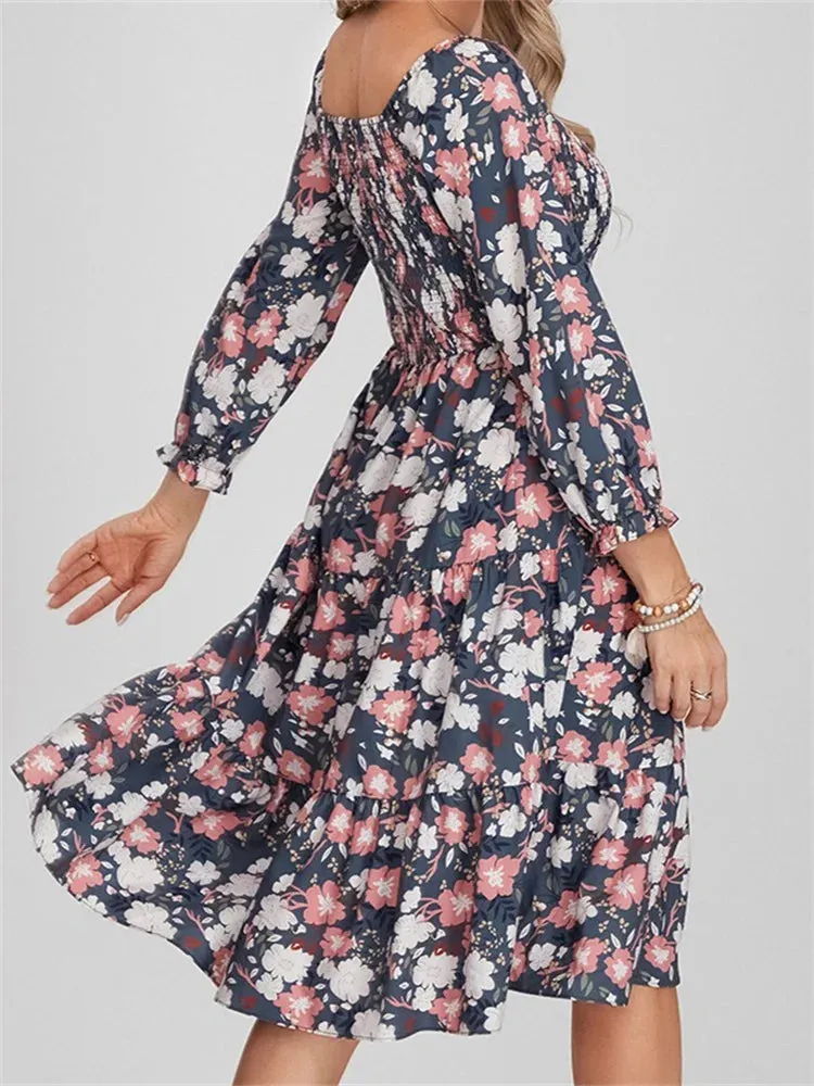 Vintage Bohemian Floral Print Long Sleeve High Waist A-Line Midi Dress