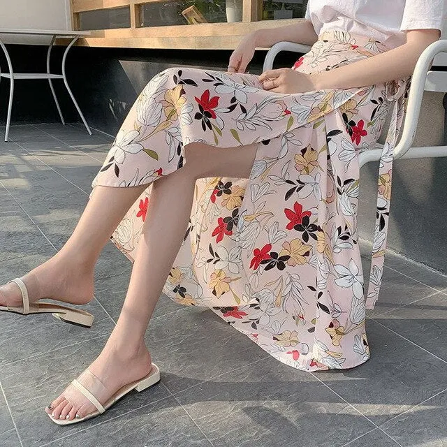 White Floral Print Side Slit Skirt