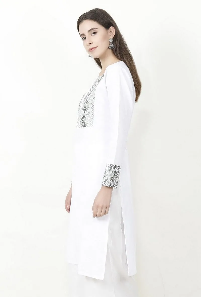 White Kurta With Olive Green Kantha Work