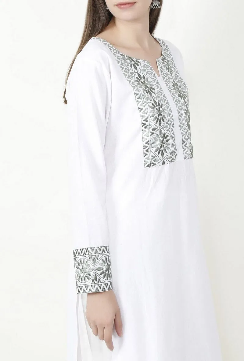 White Kurta With Olive Green Kantha Work