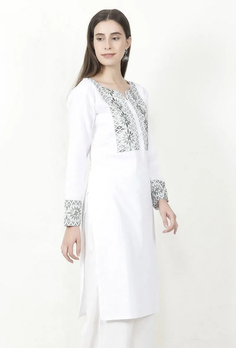 White Kurta With Olive Green Kantha Work