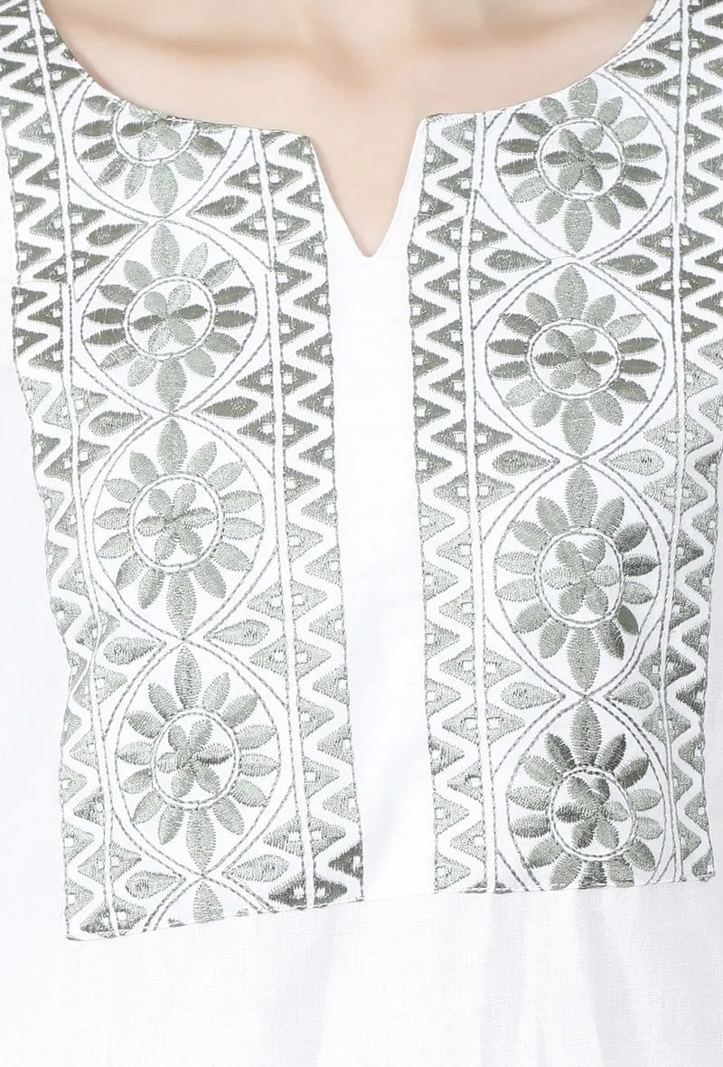 White Kurta With Olive Green Kantha Work