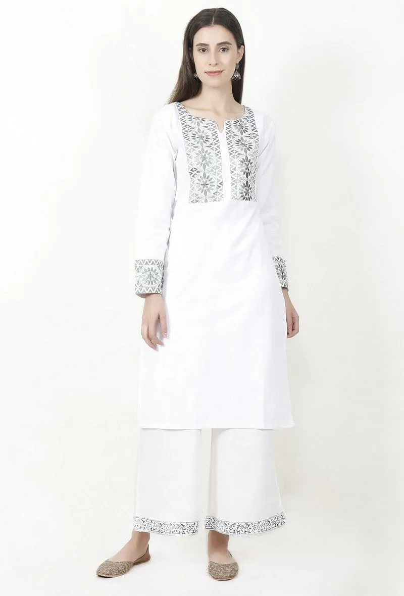 White Kurta With Olive Green Kantha Work