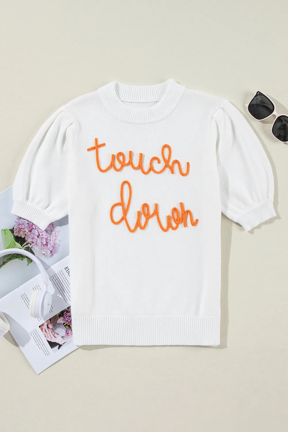 White Touchdown Tinsel Puff Short Sleeve Sweater