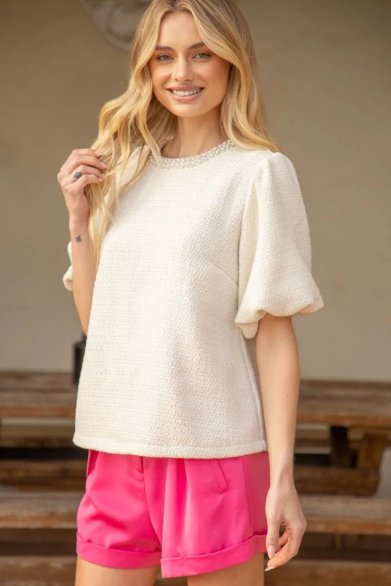 Willow Pearl Detailed Neck Tweed Puff Sleeve VOY Top