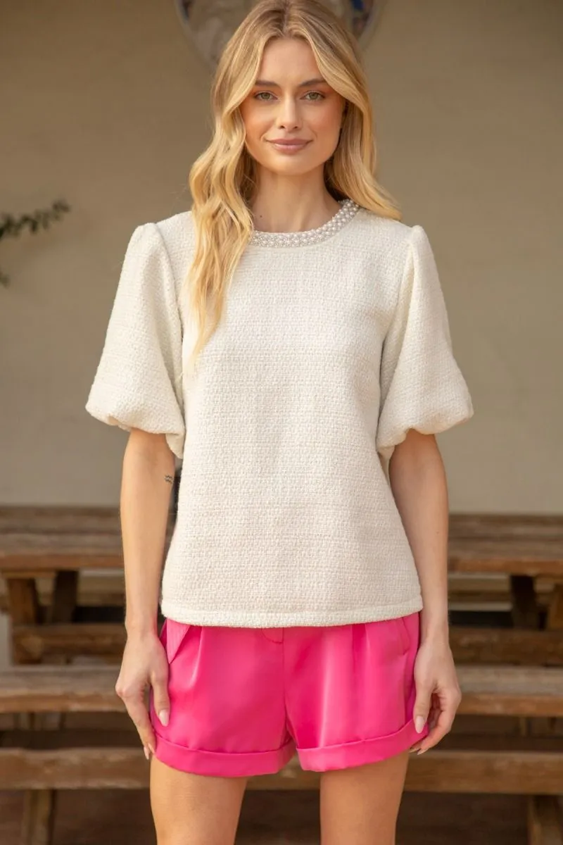 Willow Pearl Detailed Neck Tweed Puff Sleeve VOY Top