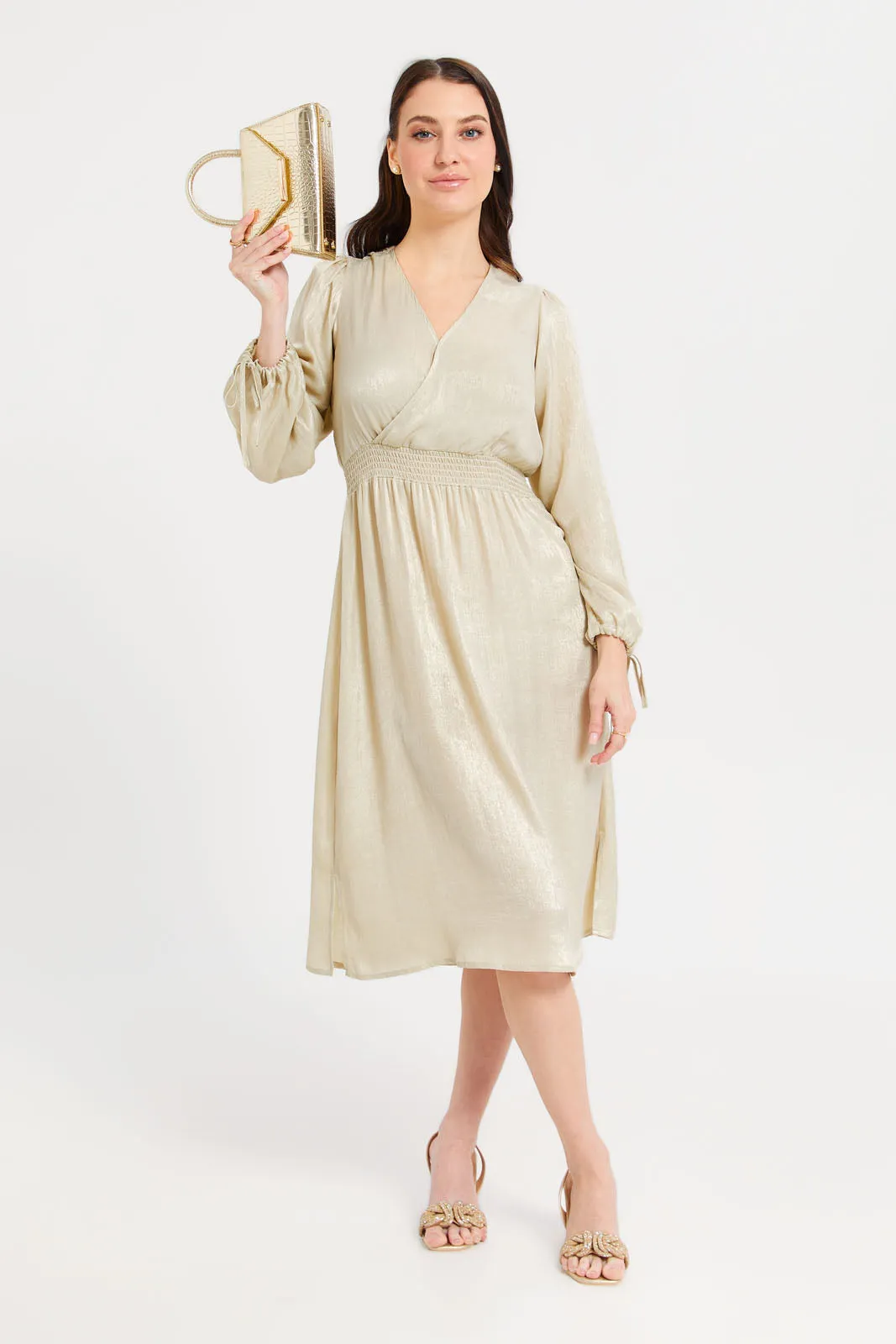 Women Gold Solid Wrap Dress