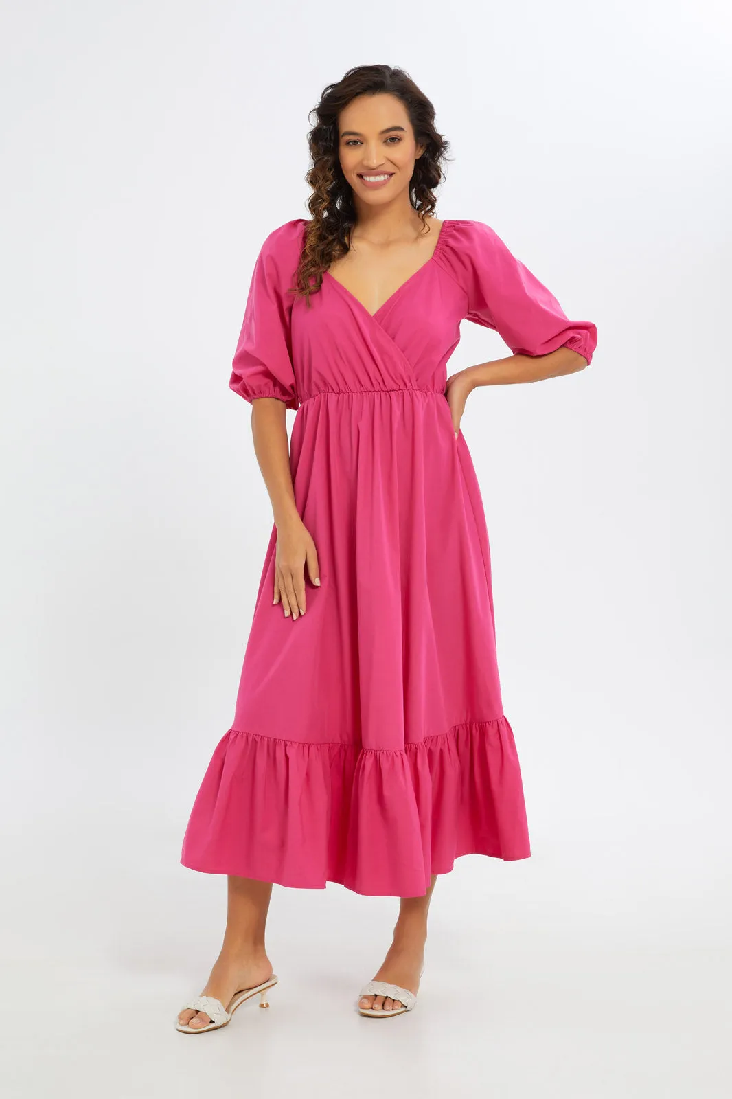 Women Maxi Fuchsia Gathered Dress