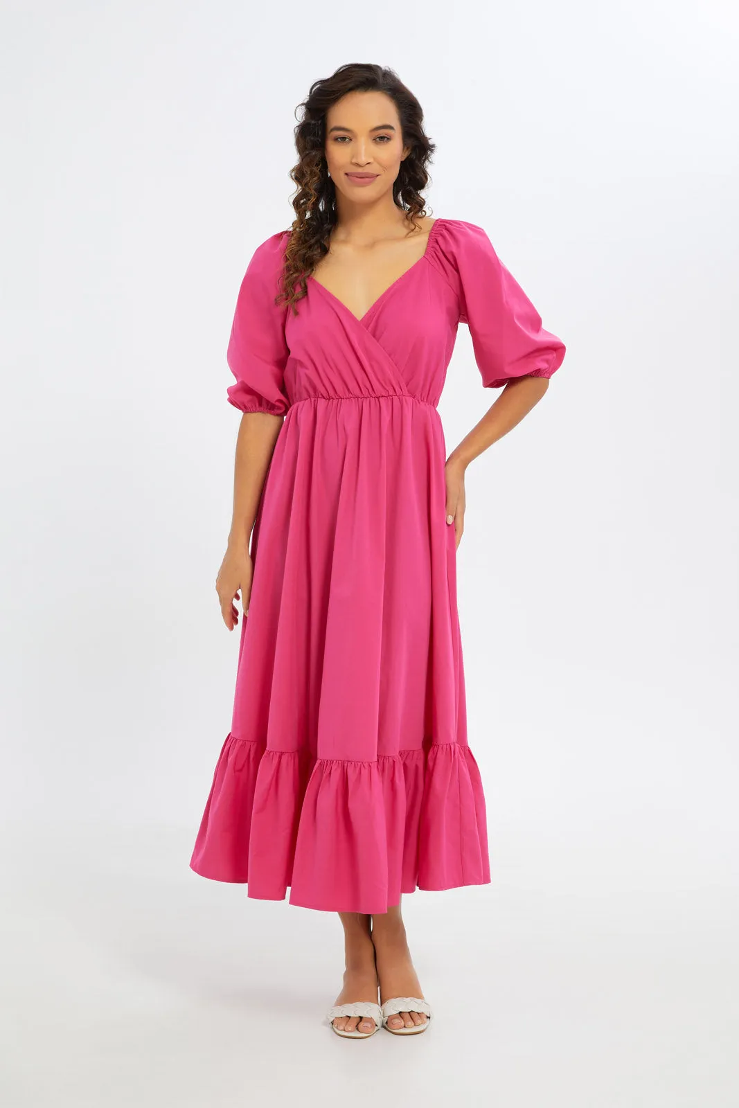 Women Maxi Fuchsia Gathered Dress