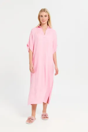 Women Pink Solid Collared  Nightgown