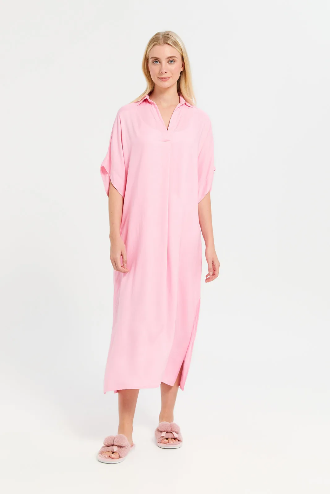 Women Pink Solid Collared  Nightgown