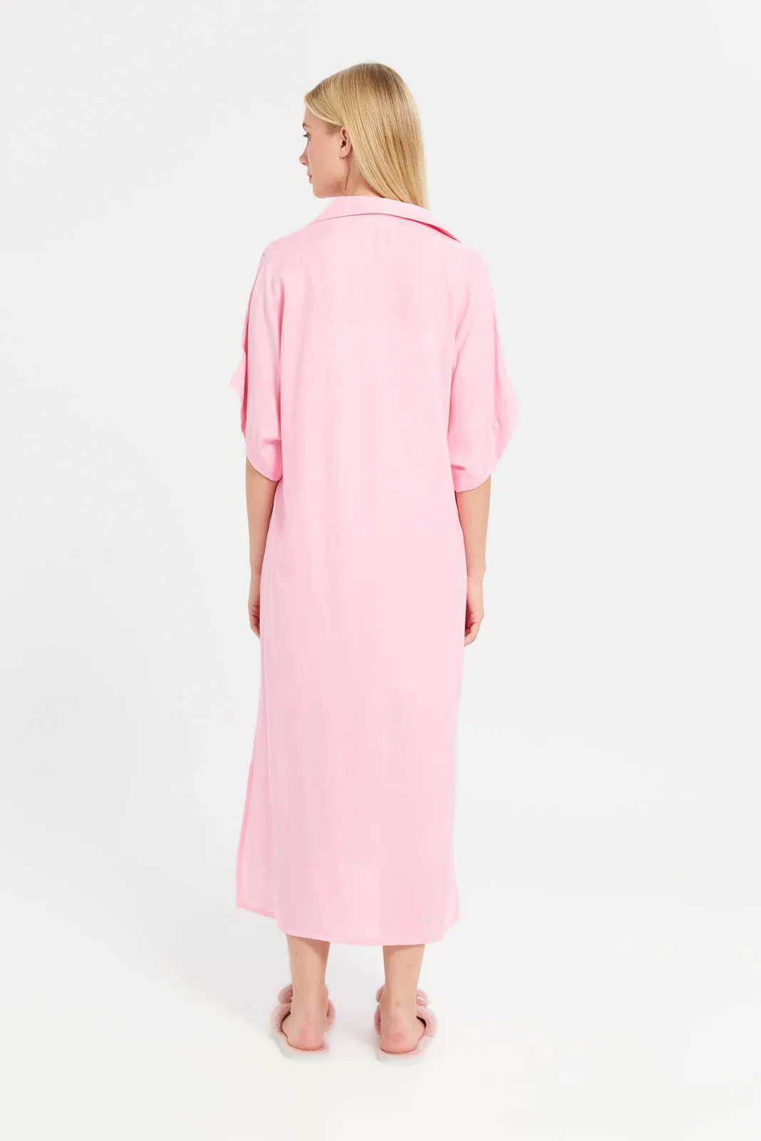 Women Pink Solid Collared  Nightgown