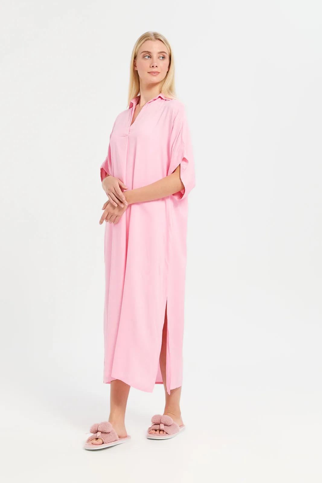 Women Pink Solid Collared  Nightgown