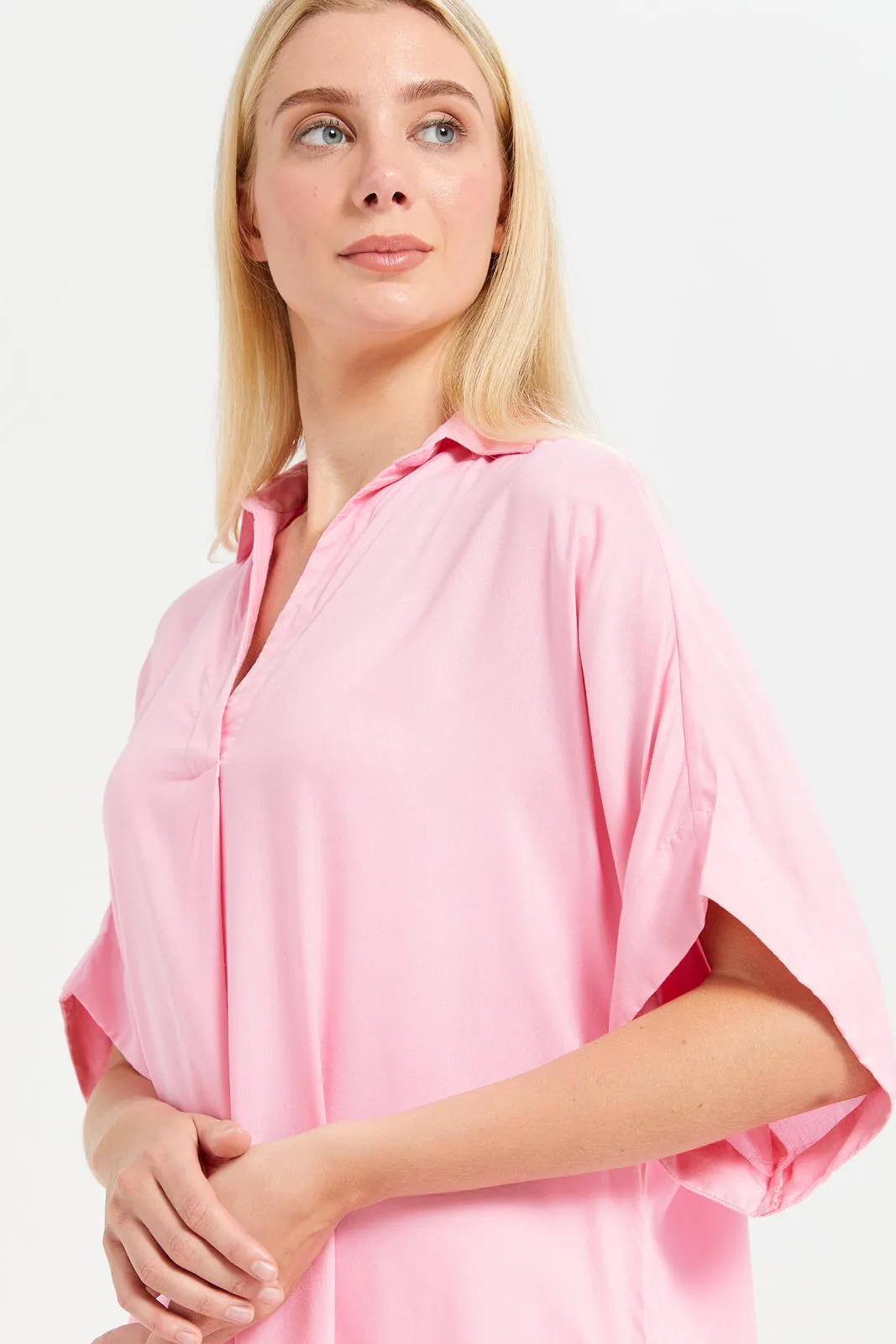 Women Pink Solid Collared  Nightgown