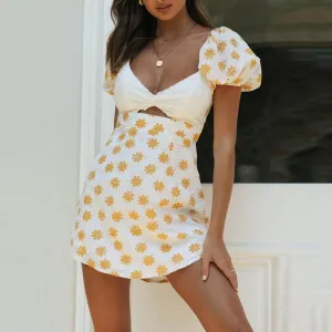 Women's fashion printing V-neck puff sleeve mini dress