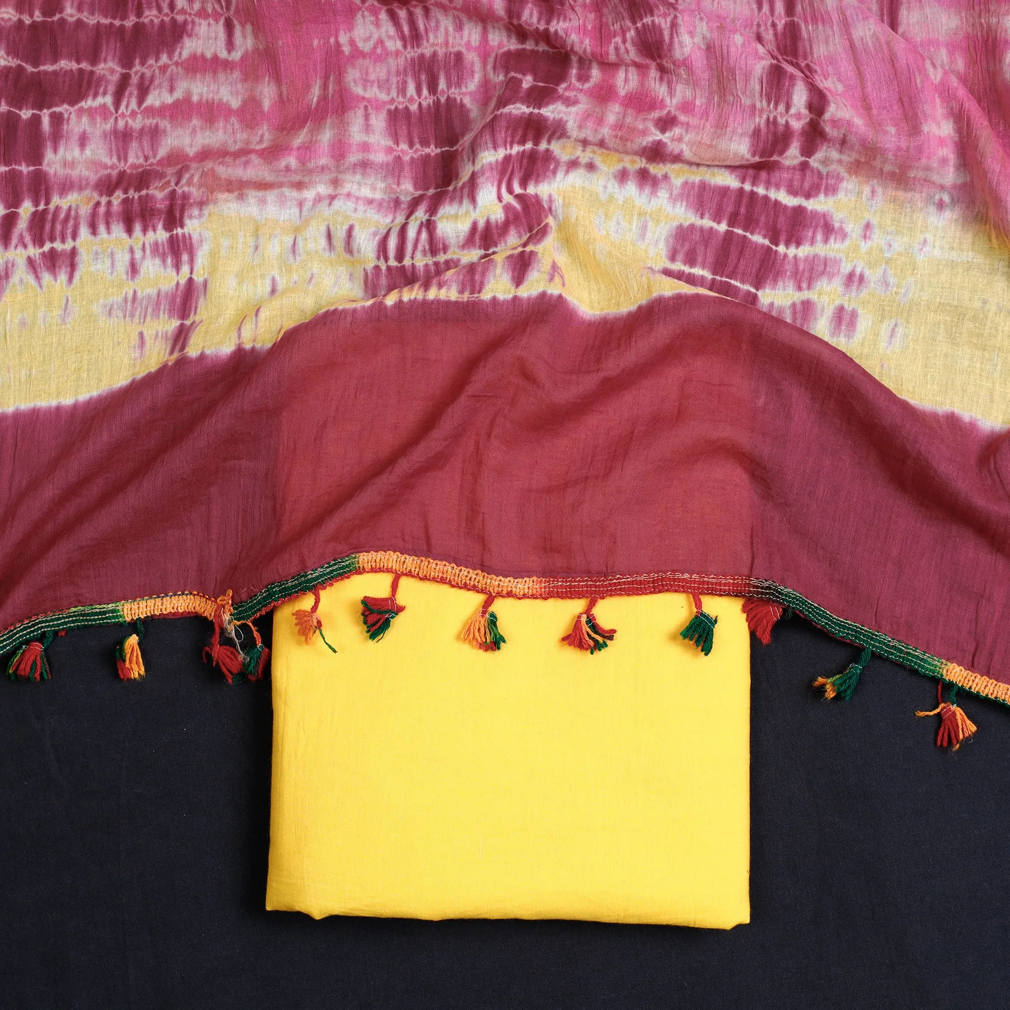 Yellow - 2pc Plain Dyed Cotton Kurta with Shibori Dupatta