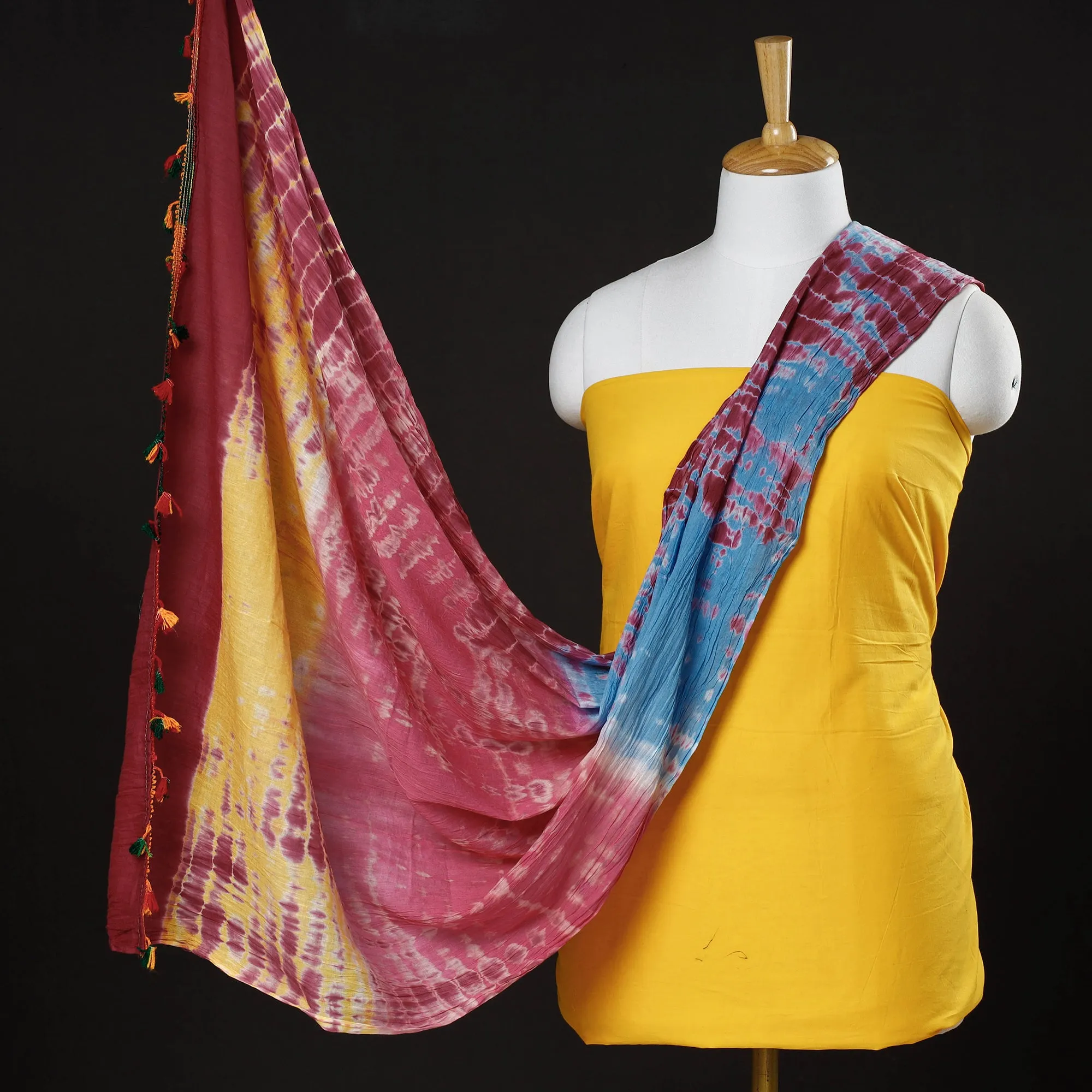 Yellow - 2pc Plain Dyed Cotton Kurta with Shibori Dupatta