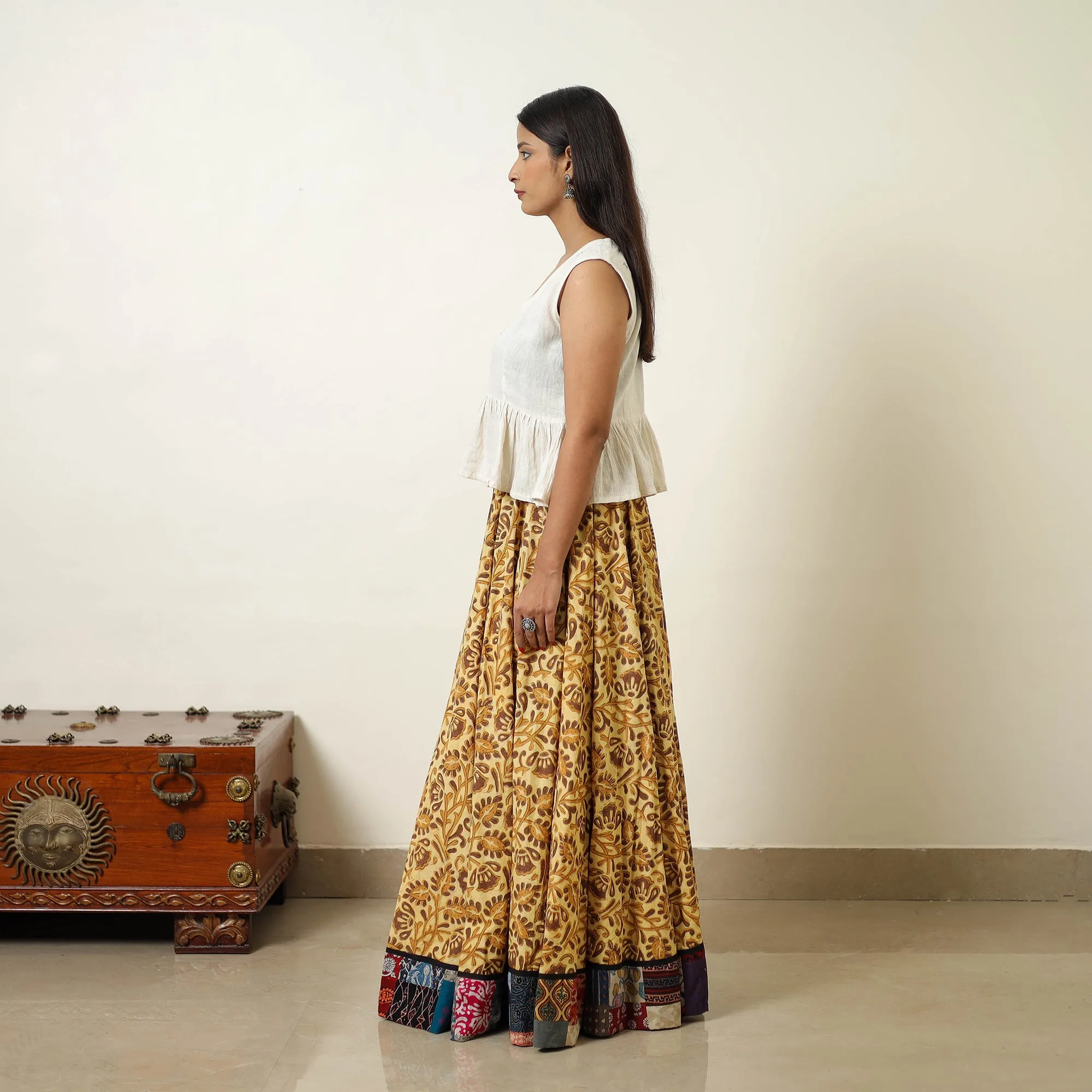 Yellow - Hand Block Printed Cotton Long Bagru Skirt 09