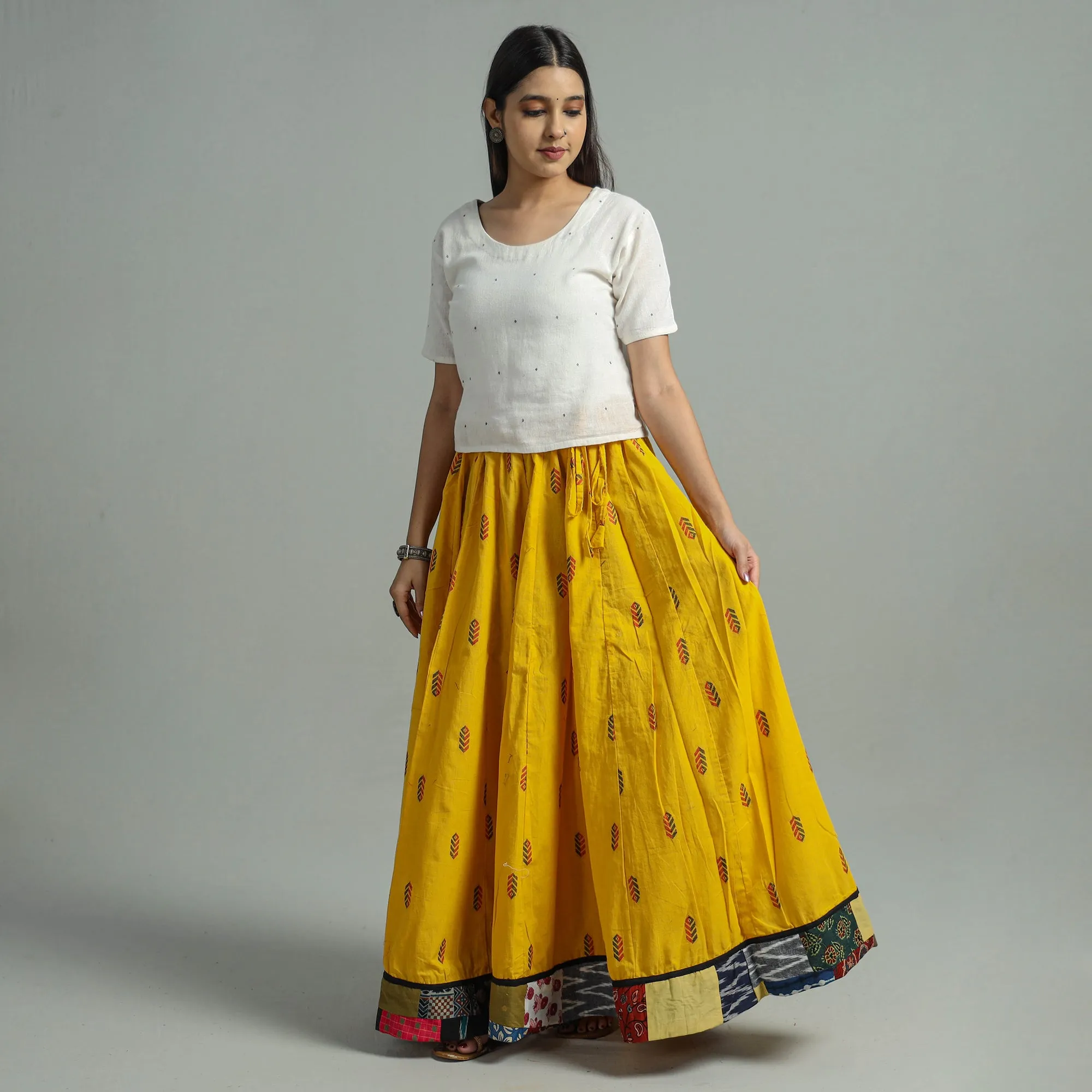 Yellow - Jacquard Patchwork 24 Kali Cotton Long Skirt 21