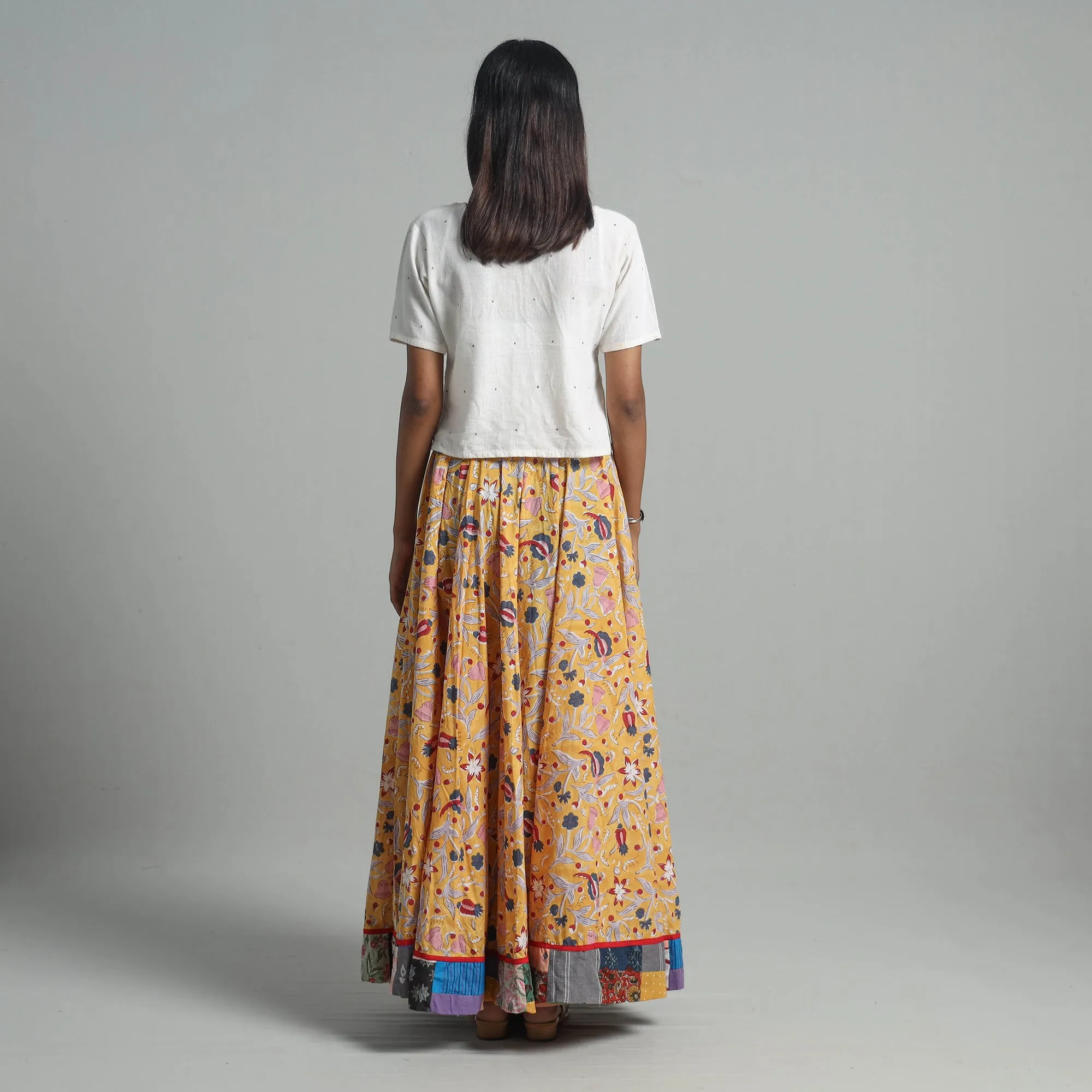 Yellow - Sanganeri Block Print Cotton Long Skirt 03