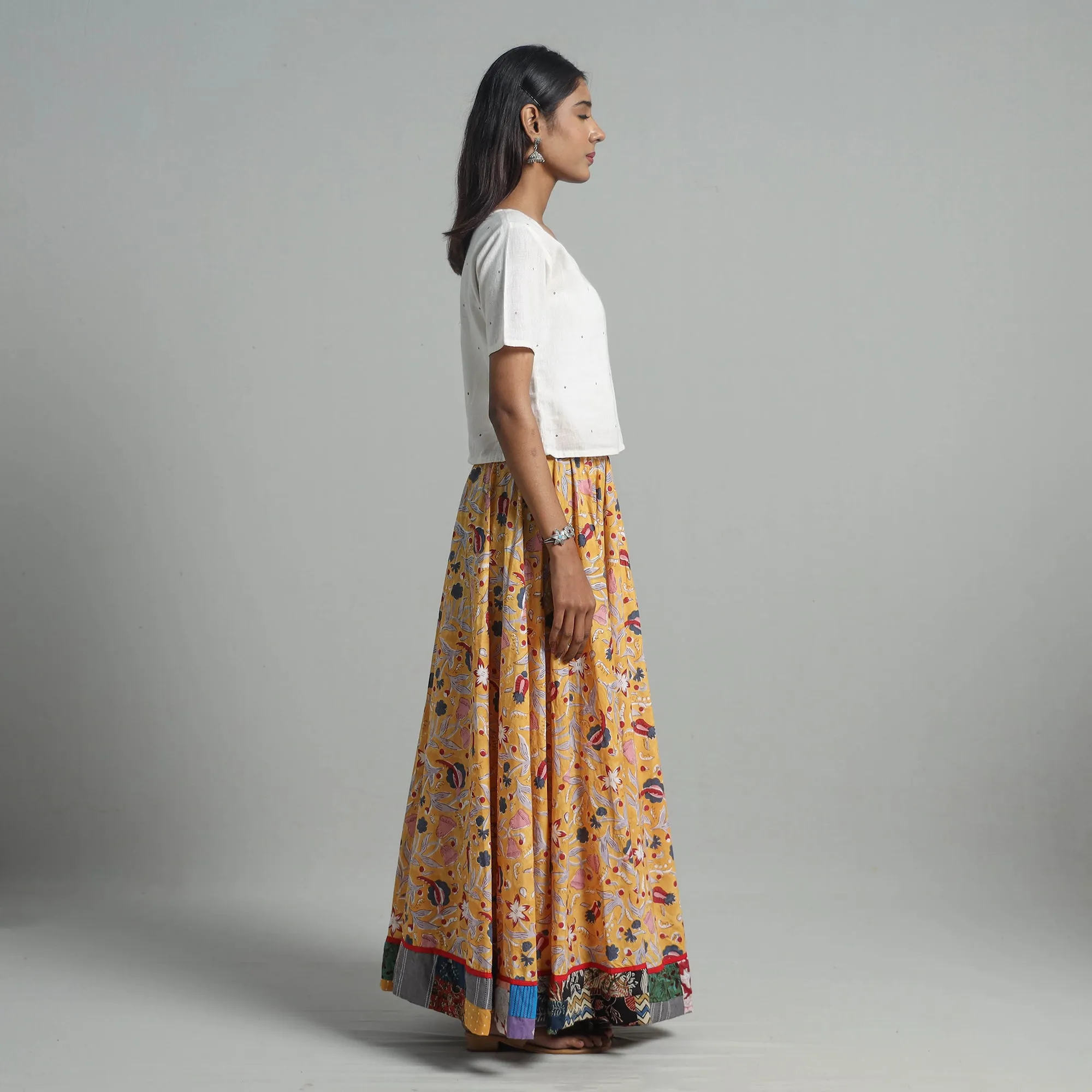 Yellow - Sanganeri Block Print Cotton Long Skirt 03